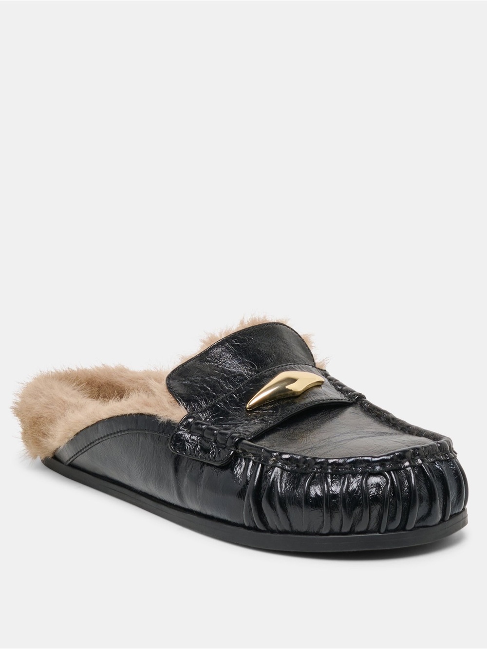 Dolce Vita Black Leather Fur-Lined Mule with Gold Accent